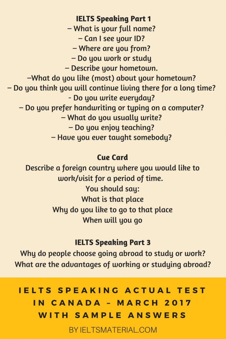 Ielts Speaking Actual Test In Canada March 17 With Sample Answers