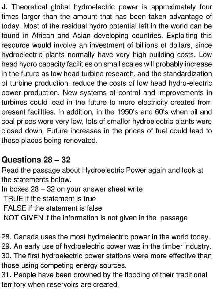Hydroelectric Power IELTS Reading Answers