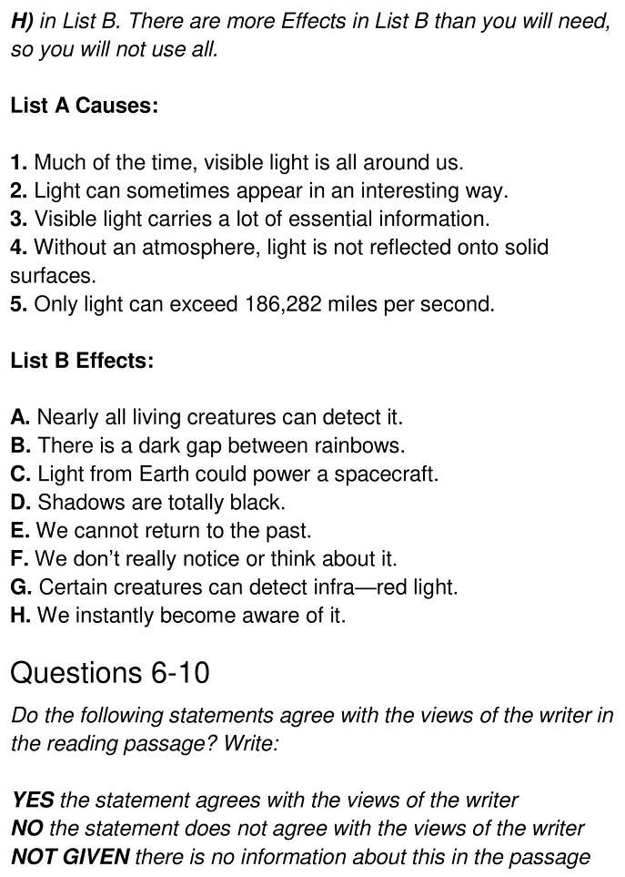 The Power of Light IELTS Reading Answers