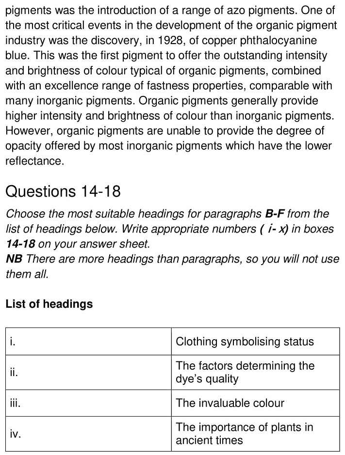 Dyes and Pigments IELTS Reading Answers