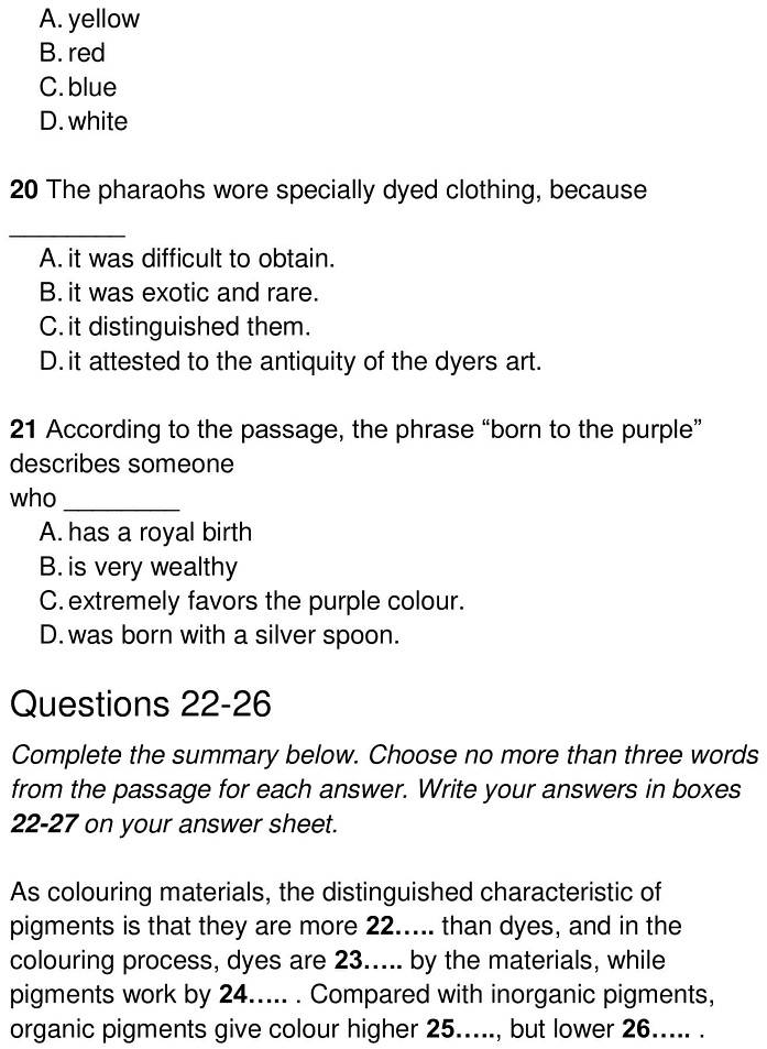 Dyes and Pigments IELTS Reading Answers
