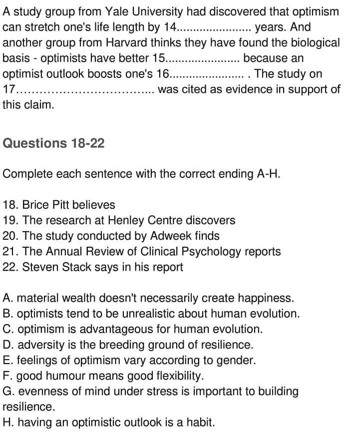 IELTS Academic Reading ‘Optimism and Health’ Answers - 0005