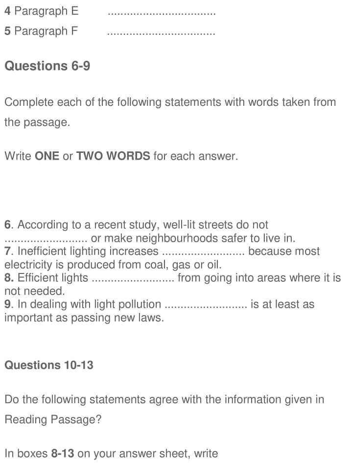 Light Pollution – IELTS Reading Answers | IELTSMaterial.com