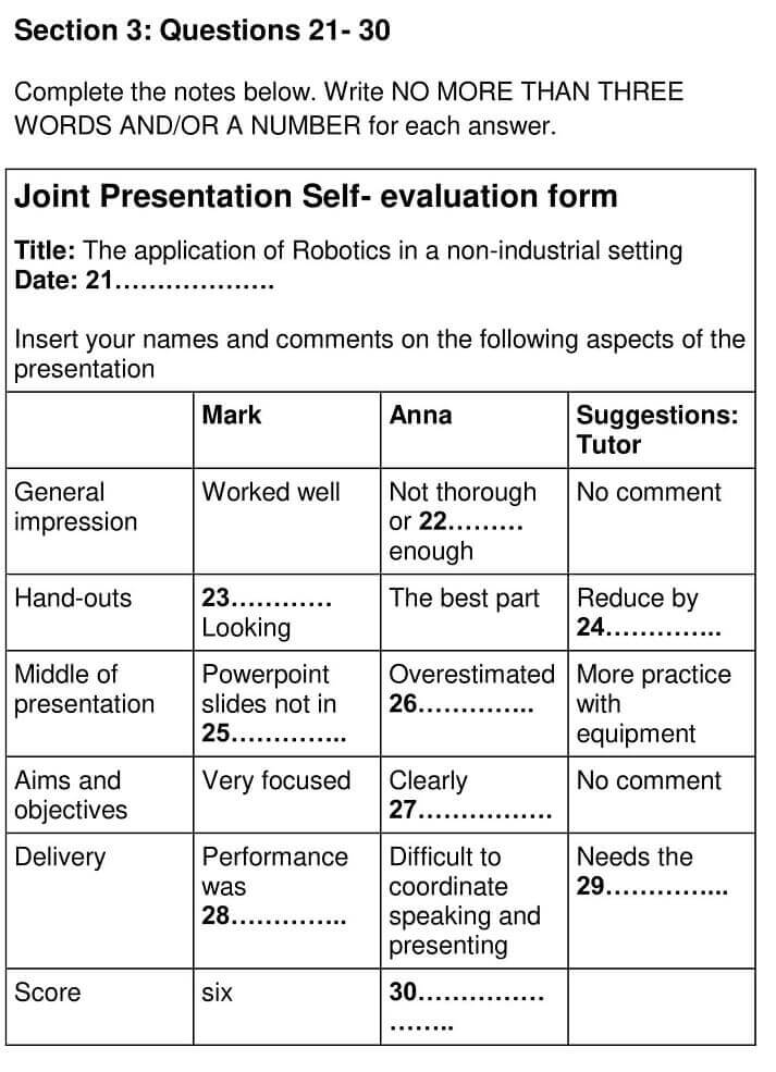 parts of presentation ielts listening answers