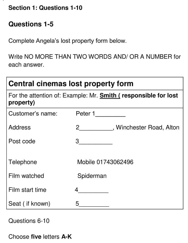 Central Cinemas Lost Property Form - IELTS Listening ...