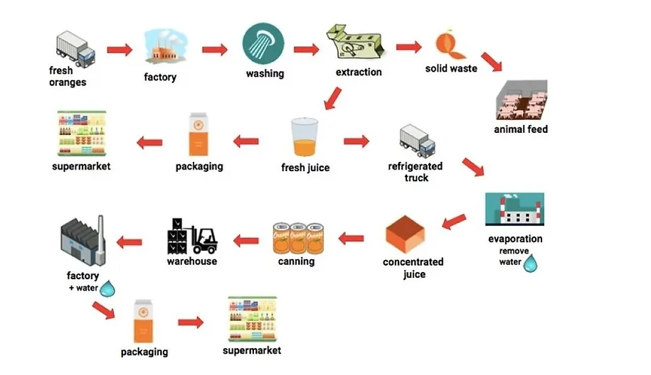 How Orange Juice is Produced - IELTS Writing Task 1 Process Diagram with Sample Answers